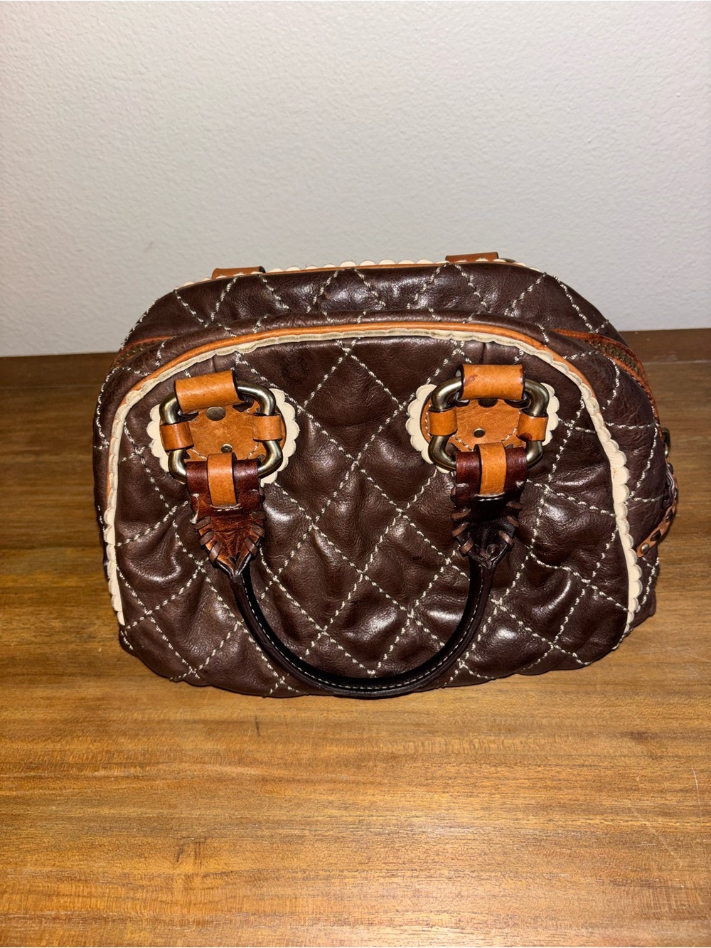 Juicy Couture Quilted Dark Brown Satchel with Tan Accents